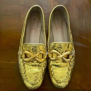 Shultz Maggy Gold Snake Enbossed Loafers with Snake Hardware